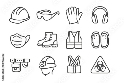 Safety Gear Icons. Line style icons of safety gear: construction helmet, safety glasses, work gloves, ear protection; face mask,