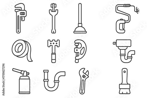 Plumbing Tool Icons. Line style icons of plumbing tools: pipe wrench, basin wrench, plunger, plumber’s snake; Teflon tape, faucet