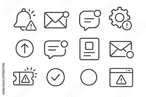 Service Notification Icons. Line style icons of service notifications: bell alert, email ping, message badge, support update;