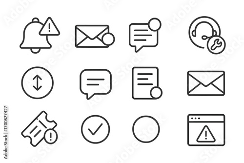 Service Notification Icons. Line style icons of service notifications: bell alert, email ping, message badge, support update;