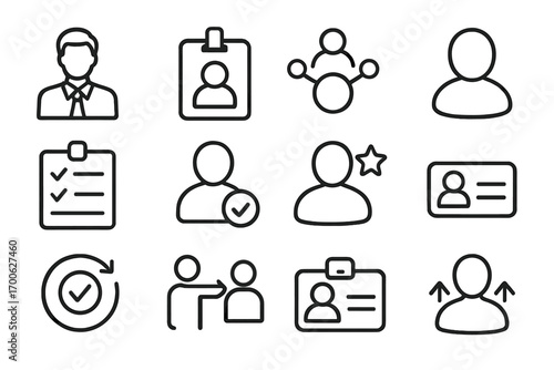 Project Role Icons. Line style icons of project roles: project manager icon, team member badge, stakeholder icon, client avatar;