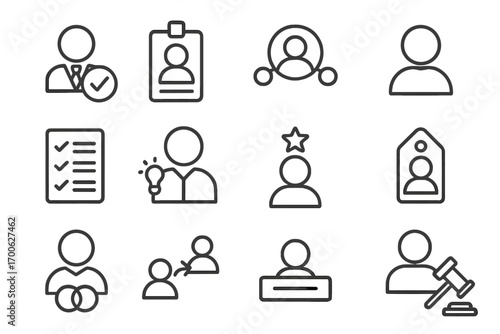 Project Role Icons. Line style icons of project roles: project manager icon, team member badge, stakeholder icon, client avatar;