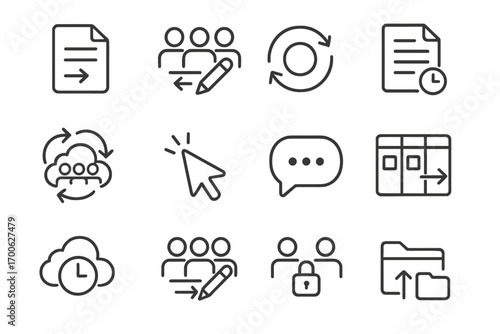 Real-Time Collaboration Icons. Line style icons of real-time collaboration: shared document, team editing, live sync icon, version