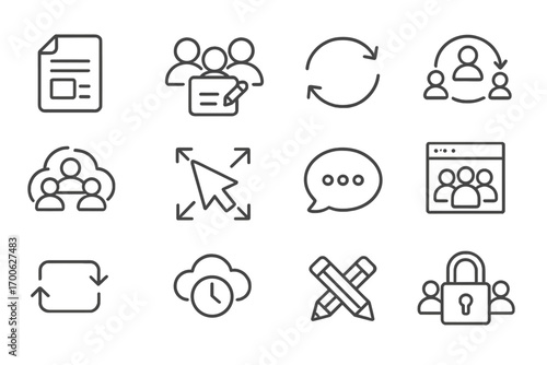 Real-Time Collaboration Icons. Line style icons of real-time collaboration: shared document, team editing, live sync icon, version