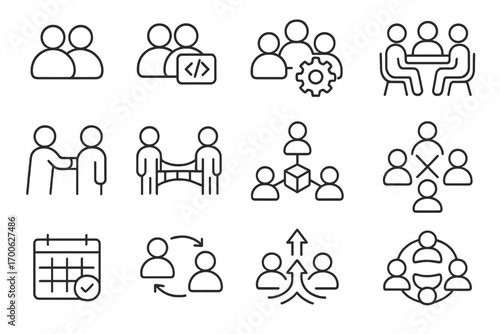 Cross-Functional Team Icons. Line style icons of cross-functional teams: overlapping avatars, function tag, department icon, team