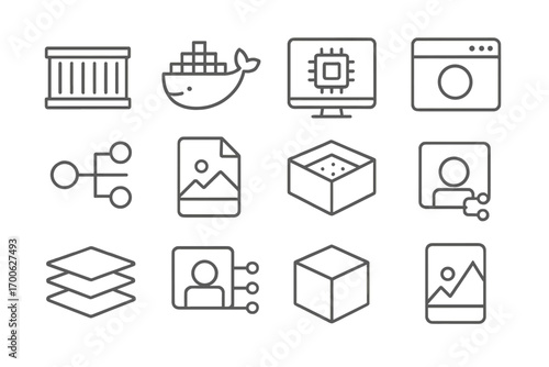 Virtualization Line Icons. Line style icons of virtualization and containers: container box, docker icon, virtual machine sketch,