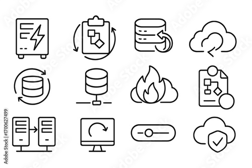 Disaster Recovery Icons. Line style icons of disaster recovery: server with lightning, recovery plan icon, duplicate data icon,