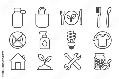 Sustainable Living Icons. Line style icons of sustainable living: reusable water bottle, cloth bag, plant-based food icon, bamboo