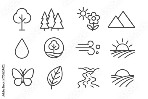 Nature Line Icons. Line style icons of nature and environment: tree icon, forest line, flower with sun, mountain symbol; rain drop