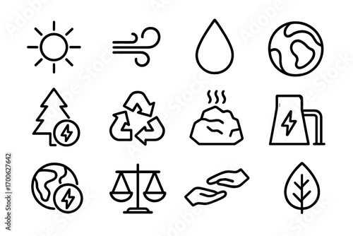 Natural Resource Icons. Line style icons of natural resources: sun icon, wind swirl, water droplet, earth core; forest with energy