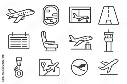 Air Travel Icons. Line style icons of air travel: airplane in flight, jet window view, airport gate, runway icon; arrival board,