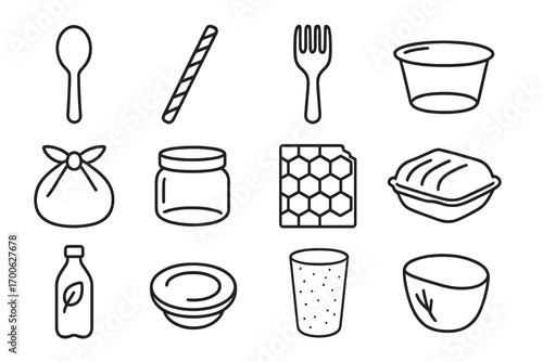 Sustainable Utensil Icons. Line style icons of plastic alternatives: bamboo spoon, paper straw, wooden fork, edible container;