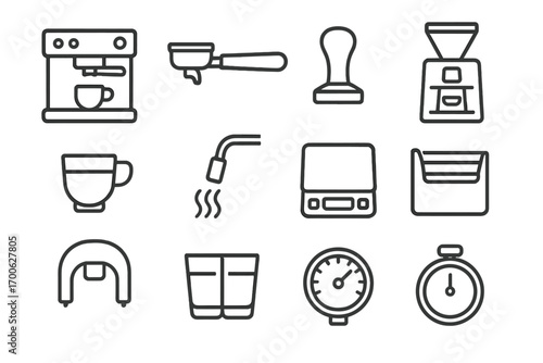 Espresso Tool Icons. Line style icons of espresso tools: espresso machine, portafilter, tamper, grinder; espresso shot, steam wand