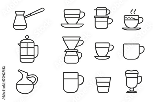 Icons of International Coffees. Line style icons of international coffee types: Turkish coffee, Italian espresso, Vietnamese drip,
