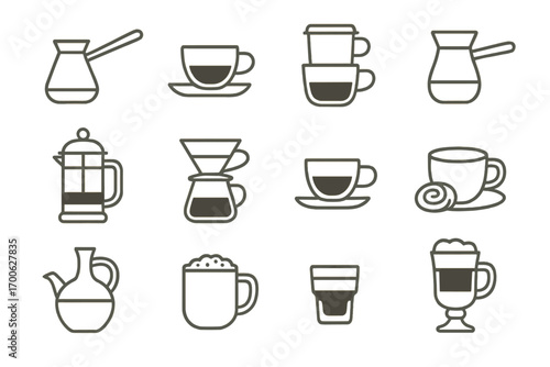 Icons of International Coffees. Line style icons of international coffee types: Turkish coffee, Italian espresso, Vietnamese drip,