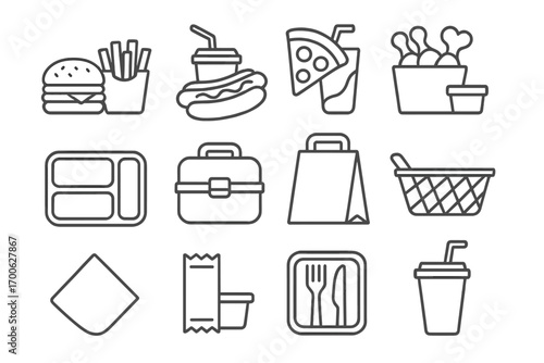 Fast Food Line Icons. Line style icons of fast food combo meals: burger with fries, hot dog with soda, pizza slice with cola,