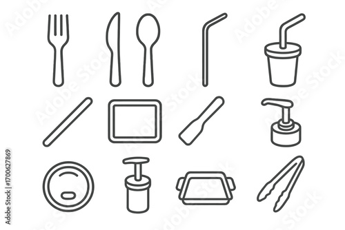 Fast Food Utensil Icons. Line style icons of fast food utensils: plastic fork, plastic knife, paper spoon, straw; wooden stirrer,