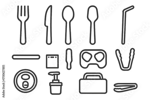 Fast Food Utensil Icons. Line style icons of fast food utensils: plastic fork, plastic knife, paper spoon, straw; wooden stirrer,