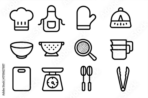 Kitchen Utensil Icons. Line style icons of kitchen utensils: chef hat, apron, oven mitt, kitchen timer; mixing bowl, colander,