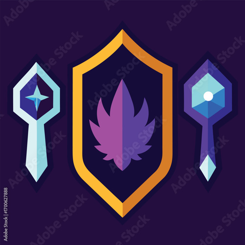 Illustration of fantasy game assets featuring a shield with leaf symbol and diamond keys on dark background, vector graphic design