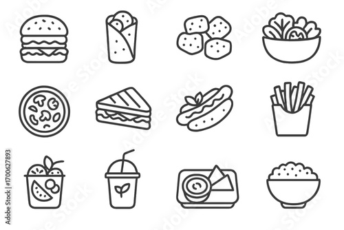 Vegetarian Fast Food Icons. Line style icons of vegetarian fast food: veggie burger, falafel wrap, tofu nuggets, salad bowl;