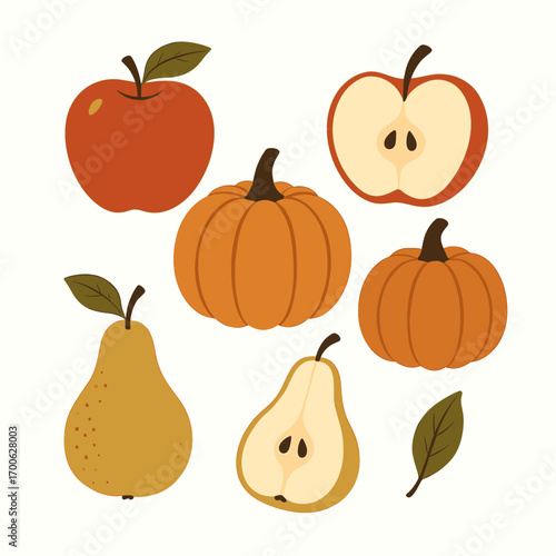 Autumn Harvest: Apples, Pears, Pumpkins - Fall Fruit and Vegetable Illustration Set