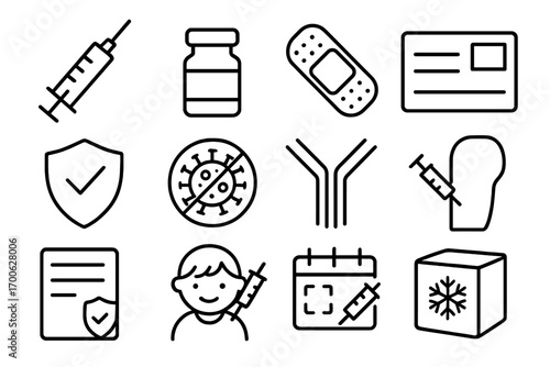 Vaccination Icons Set. Line style icons of vaccination and prevention: syringe, vaccine vial, bandage patch, vaccine card;