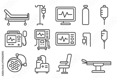 Hospital Equipment Icons. Line style icons of hospital equipment: hospital bed, IV stand, monitor screen, oxygen tank;