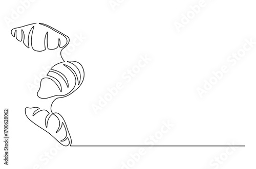 Continuous one line drawing of Croissant. Single line drawing illustration of Fresh baked croissant. French bakery concept vector art. Doodle line illustration.