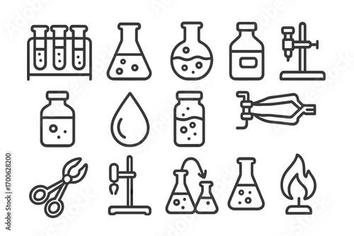 Chemistry Tools Icons. Line style icons of chemistry tools: test tubes, Erlenmeyer flask, round bottom flask, Bunsen burner;