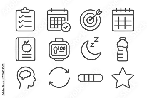 Healthy Habit Icons. Line style icons of healthy habits: daily checklist, habit tracker, goal icon, weekly plan; food log, step