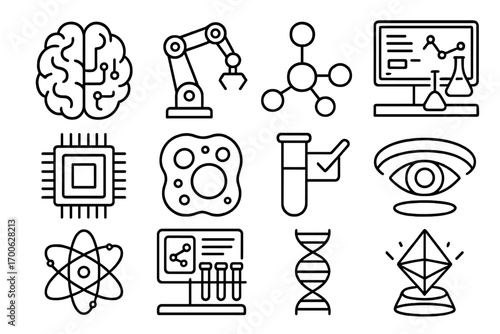 Line Style Scientific Icons. Line style icons of scientific innovation: AI brain, robotic arm, 3D molecule, futuristic lab;
