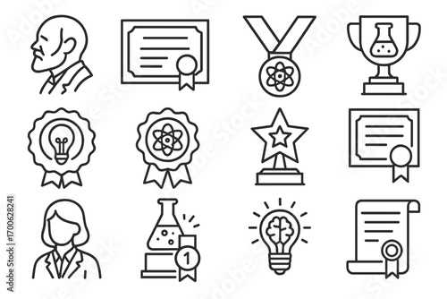 Scientific Award Icons. Line style icons of scientific awards: Nobel prize icon, certificate, medal with atom, lab trophy;