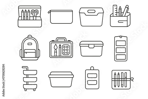 Creative Storage Icons. Line style icons of creative storage: supply box, zip pouch, storage bin, drawer caddy; backpack, art case