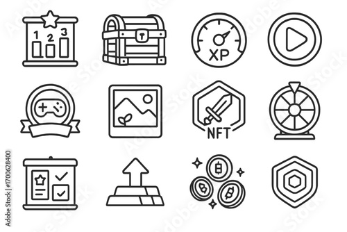 Crypto Game Icons. Line style icons of gamified crypto features: leaderboard, reward chest, XP meter, game token; play-to-earn