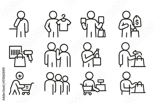 Shopping Behavior Icons. Line style icons of shopping behavior: browsing person, trying on clothes, comparing products, checking