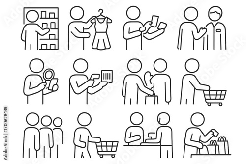 Shopping Behavior Icons. Line style icons of shopping behavior: browsing person, trying on clothes, comparing products, checking