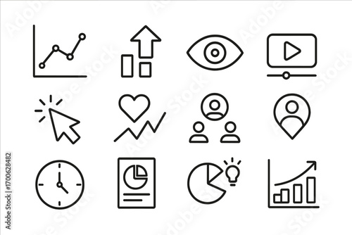 Analytics Icon Set. Line style icons of analytics and metrics: graph line, post reach, impressions icon, engagement rate; view