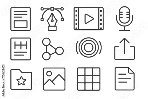 Content Creation Icons. Line style icons of content creation: article icon, pen tool, video frame, podcast mic; headline icon,