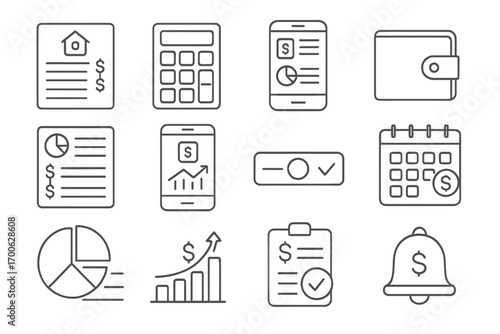 Finance Tools Icons. Line style icons of personal finance tools: home budget sheet, calculator icon, spending tracker, wallet