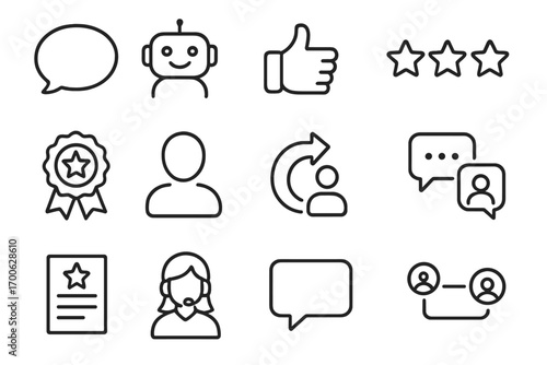 Customer Engagement Icons. Line style icons of customer engagement: chat bubble, chatbot icon, thumbs up, rating stars; loyalty
