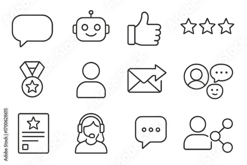 Customer Engagement Icons. Line style icons of customer engagement: chat bubble, chatbot icon, thumbs up, rating stars; loyalty