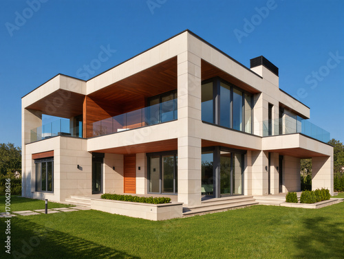 Ultra-realistic photo of a modern luxury villa, two floors, large glass windows, beige stone exterior with wooden accents, manicured green lawn, minimal landscaping, bright clear blue sky.