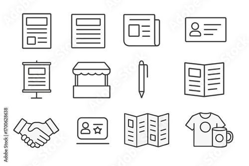 Offline Marketing Icons. Line style icons of offline marketing: flyer icon, print ad, direct mail, business card; poster board,