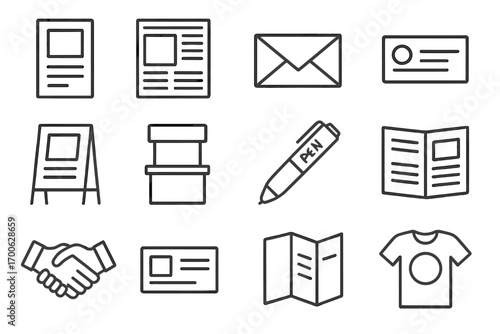 Offline Marketing Icons. Line style icons of offline marketing: flyer icon, print ad, direct mail, business card; poster board,