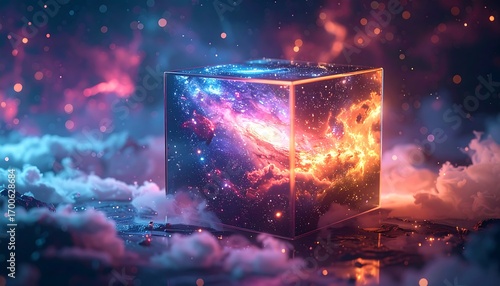 Fantasy galaxy cube : encapsulated nebula a crystal prism mesmerizing