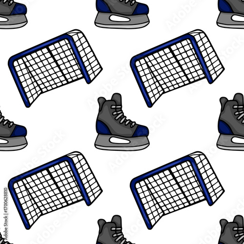 Seamless vector pattern featuring hand-drawn ice hockey skates and nets, showcasing a playful, cartoonish style with dark gray and navy blue color palette.
