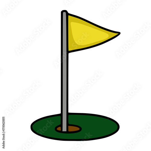 A playful vector illustration of a golf flag, featuring a vibrant yellow flag atop a grey pole, set against a dark green putting green with a brown hole, perfect for game design or sports-themed pr...