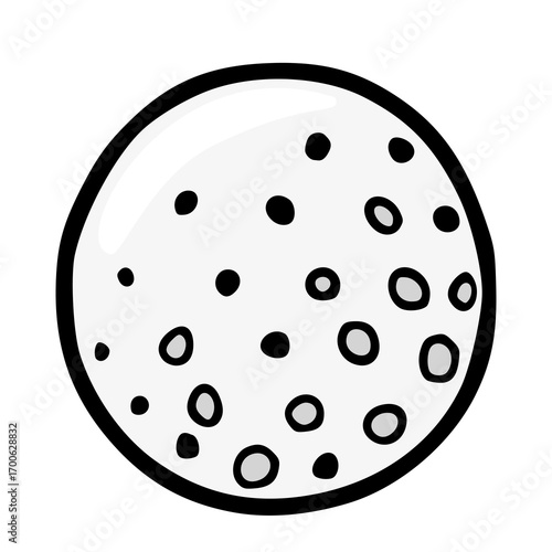 A vector illustration of a single golf ball with a hand-drawn style, featuring a light gray surface dotted with various-sized black and gray circles, all enclosed in a thick black outline.