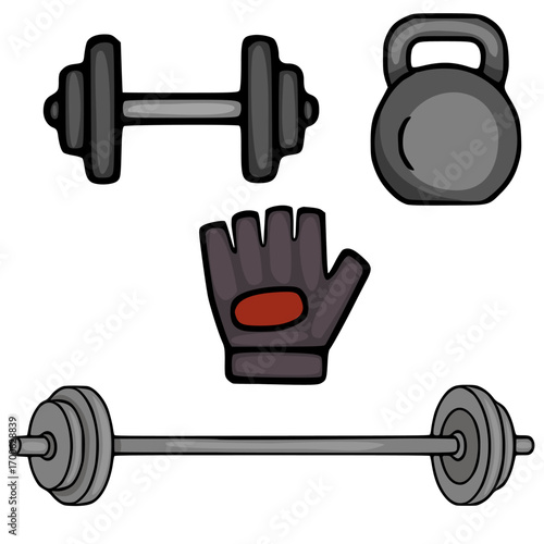 Hand-drawn vector illustration of gym equipment: dumbbells, kettlebell, weightlifting gloves and barbell, isolated on white background.